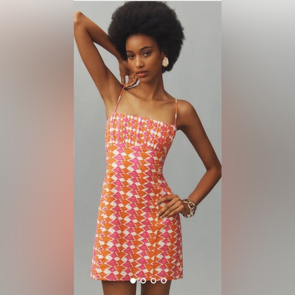 Maeve Ophelia Linen Slim Mini Dress pink orange geometric print size 10